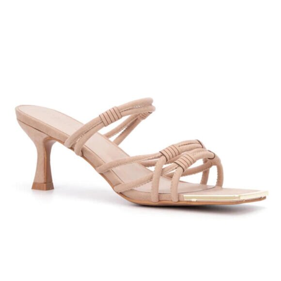 Torgeis New York Sz 7.5 3" Heeled "Suede" Tan Sandals Strappy‎ Women's MEDINILLA - Picture 1 of 12